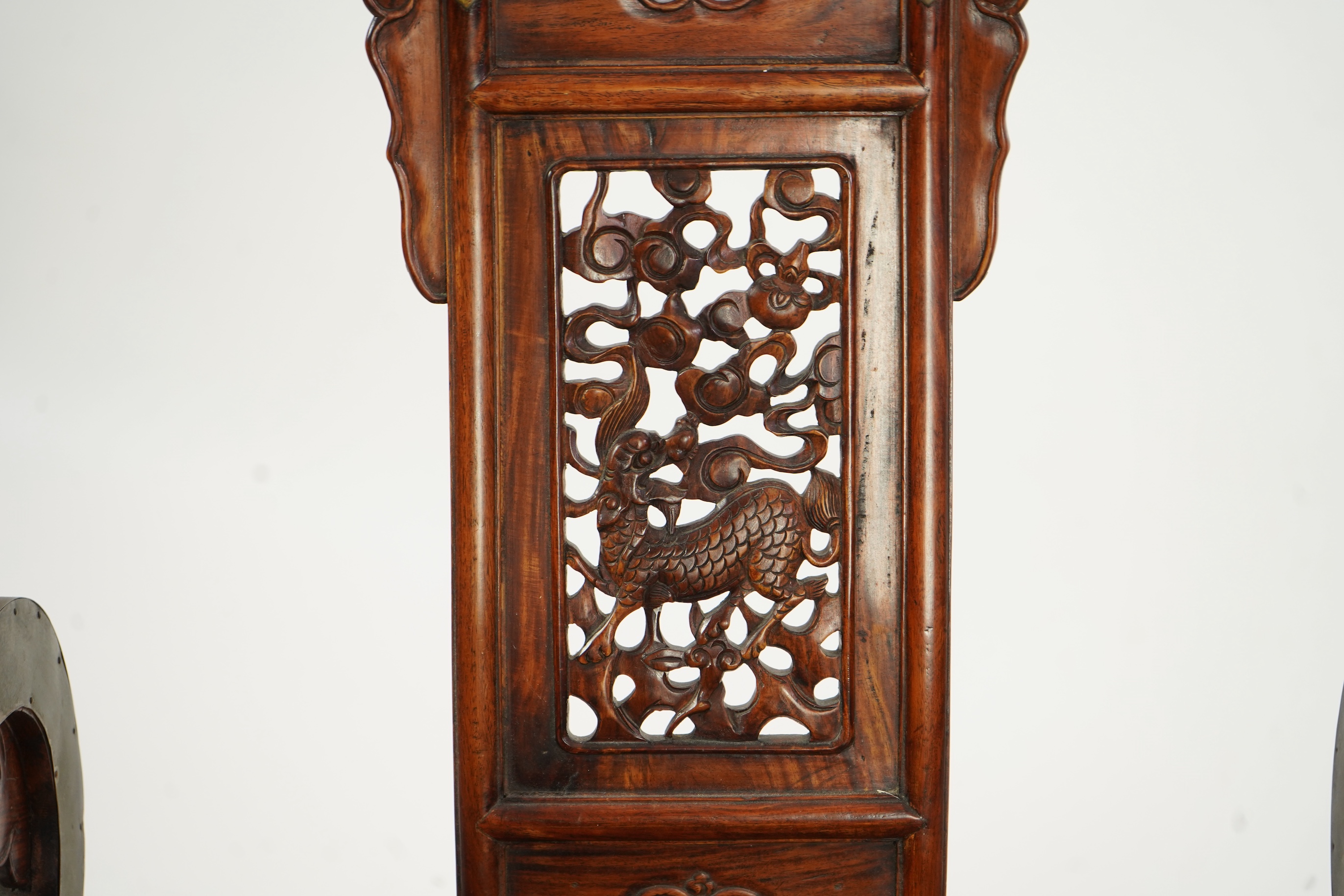 A Chinese huanghuali, hongmu and brass mounted folding hunting chair, jiaoyi, early 20th century